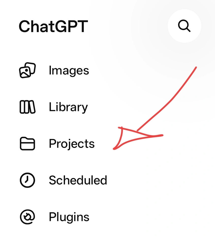 ChatGPT sidebar with the Projects menu item highlighted