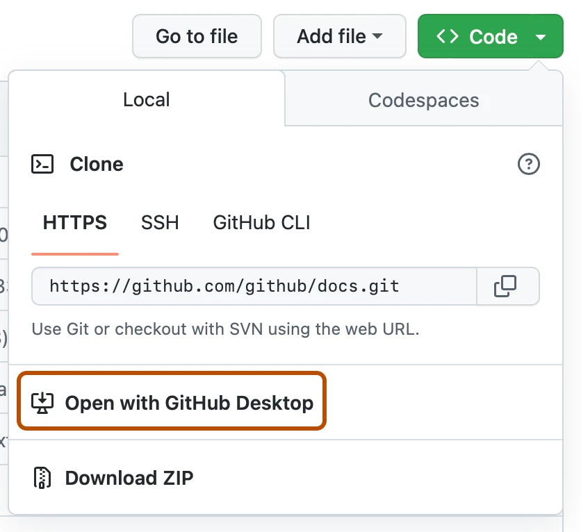 گزینهٔ Open with GitHub Desktop در منوی Code