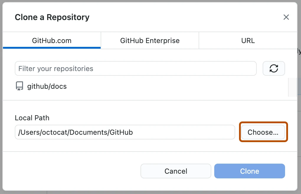 پنجرهٔ Clone a Repository با دکمهٔ Choose برای انتخاب محل ذخیره و دکمهٔ Clone