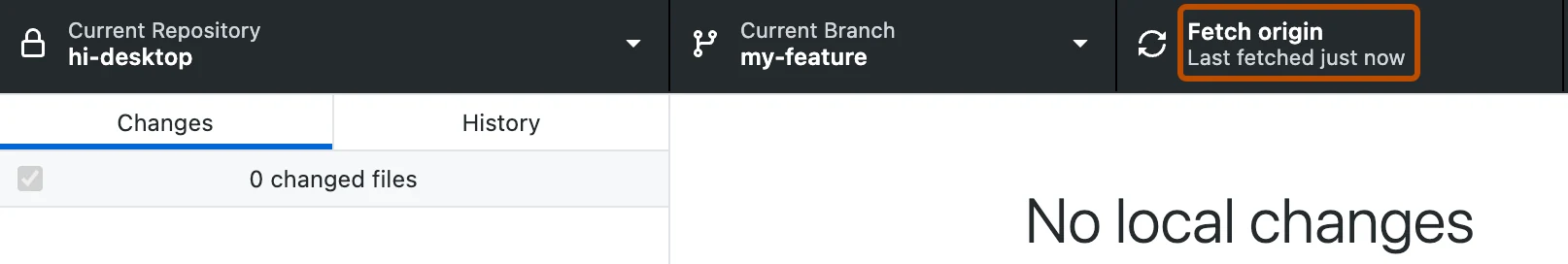 دکمهٔ Fetch origin در نوار بالای GitHub Desktop