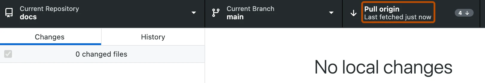 دکمهٔ Pull origin در نوار بالای GitHub Desktop